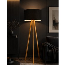 Loopa Dekorasyon Ahşap Tripod Lambader Modern Dekoratif Salon Lambası Siyah Kumaş Başlıklı 3 Ayaklı Lamba 125 cm