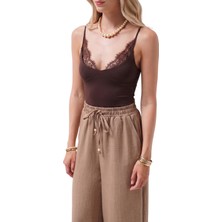 Asfaha Fashion Kadın Dantel Detaylı Alttan Çıtçıtlı Ip Askılı Bodysuit