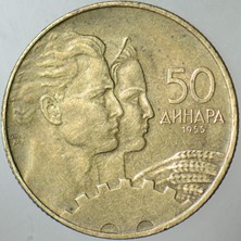Banknoting Yugoslavya 50 Dinar 1955 Işçiler ve Çark Temalı. Tito Dönemi.
