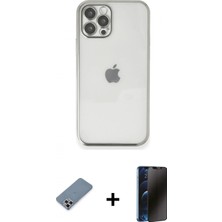 Marsilyan™- iPhone 12 Pro Kılıf Vadi Minimal - Siyah 3D Antistatik Hayalet Cam Ekran Koruyucu + Metal Kamera Lens Koruma Cam - Gs