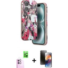 Marsilyan™- iPhone 16 Kılıf Siluet Doku - Siyah 3D Antistatik Mat Seramik Nano Ekran Koruyucu + Raze Metal Kamera Lens - Pe