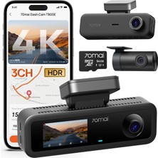 70MAI T800E 4K Dashcam Araba 3 Kanallı, 4K+1080P+1080P Ön Arka Iç 3 Kanallı Araç Kamerası, Hdr F1.55, Ir Gece Görüşü, 24H Park Izleme, Gps, G-Sensor, Wifi 6, 64GB Sd Kartlı Süper Kapasitör