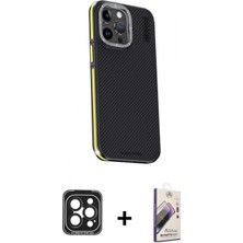 Marsilyan™- iPhone 15 Pro Max Kılıf Kıvılcım Modern Özel Seri - Siyah Bilvis 3D Mat Cam Ekran Koruyucu + Pvd Metal Kamera Lens - Sh