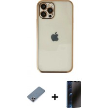 Marsilyan™- iPhone 12 Pro Kılıf Vadi Minimal - Siyah 3D Antistatik Hayalet Cam Ekran Koruyucu + Metal Kamera Lens Koruma Cam - Gs