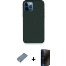 Marsilyan™- iPhone 12 Pro Kılıf Zirve Modern Özel Seri - Siyah 3D Antistatik Hayalet Cam Ekran Koruyucu + Metal Kamera Lens Koruma Cam - Gs