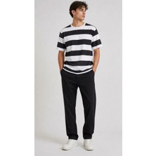 Tarz Yeri Erkek Çizgili Oversize Tişört Bisiklet Yaka Kısa Kol Yazlık T-Shirt - Siyah