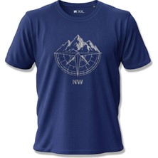 North Whiskers Dağ ve Pusula Figürlü NW Silver Karbon Fiber Baskılı Outdoor Lacivert Unisex %100 Pamuk T-shirt