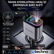 utechno 66W 4in1 Tavan Aydınlatmalı Araç Içi Çakmaklık Şarj Aleti Type-C Lightning Kablolu USB + Type-C Giriş Pd Hızlı Şarj