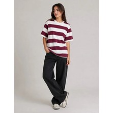 Alyn Wear Çizgili Oversize Tişört Bisiklet Yaka Kısa Kol Yazlık T-Shirt - Bordo