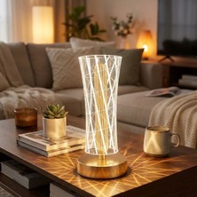 Hereveoyuncak Silindirik Kristal Çizgi Model LED Masa Lambası – Gold Tabanlı, Dokunmatik, 3 Renk Işık Modlu, Şarjlı Modern Dekoratif Gece Lambasıı