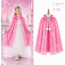 Markaon Kar Tanesi Desenli Pembe Elsa Pelerini - Astarlı Frozen Pelerini 85 cm