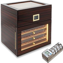 Lubinski Italy Cigarspa Elektronik Nemlendiricili Camlı 4 Çekmeceli Işıklı Puro Kutusu Abanoz 100'S