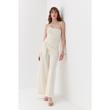 Fular Detaylı Tailored Fit Pantolon Ekru
