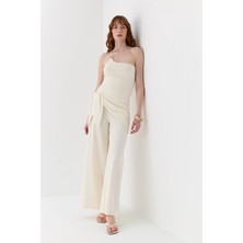 Fular Detaylı Tailored Fit Pantolon Ekru