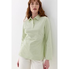 Belden Bağlama Detaylı Polo Yaka Sweatshirt Yeşil