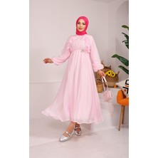 JAG Önü Fırfırlı Bağcık Detaylı Tesettür Elbise Pembe