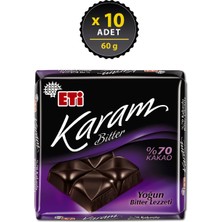 Eti Karam %70 Kakaolu Bitter Çikolata 60 g Yoğun Bitter Lezzeti ile 10 Adet Paket