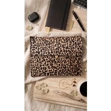 Asus Deri -Hakiki Deri Animal Print Tasarım Düğmeli Tablet Çantası - Leopar Desenli Portföy