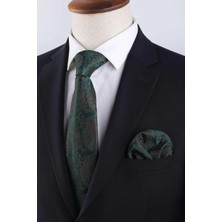 Kravatkolik Klasik Stil Yeşil Şal Desen Mendilli Kravat KK13126 %100 İthal Mikrofiber ile Özel Günlere Uygun