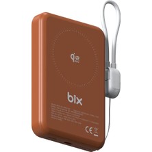 Bix PB121 Qi2.2 Sertifikalı 25W Kablosuz Magsafe PD 3.0 10000mAh Semi-Solid State Powerbank Dahili USB-C Kablolu Taşınabilir Hızlı Şarj Cihazı Turuncu