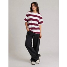 MidasTech Kadın Çizgili Oversize Tişört Bisiklet Yaka Kısa Kol Yazlık T-Shirt - Bordo