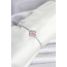 Vice Avm Pirinç Gümüş Renk Pembe Zirkon Taşlı Yonca Model Su Yolu Kadın Bileklik TG-1395 350529