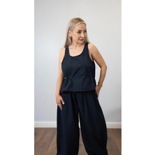 Muna Boutique Kadın Lacivert Kemerli Pantolon Takım - Beli Lastikli Rahat Kalıp Ikili Set