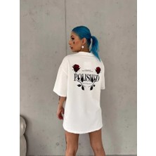 Dogutrend Unisex Bisiklet Yaka Baskılı Oversize T-Shirt - Beyaz