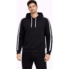 Dogutrend Erkek Şeritli Kapüşonlu Sweatshirt Oversize 3 Iplik Pamuklu - Siyah