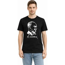 Dogutrend Erkek Atatürk Baskılı Tişört Kısa Kollu Bisiklet Yaka T-Shirt - Siyah