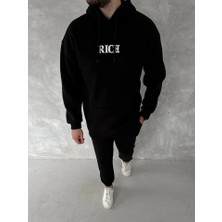 Dogutrend Uzun Kol Kapşonlu Göğüs Baskılı Sweatshirt - Siyah