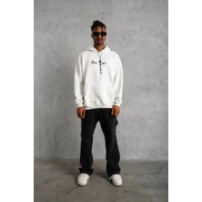 Dogutrend Erkek Sırt Baskılı Oversize Üç Iplik Kapüşonlu Sweatshirt - Beyaz