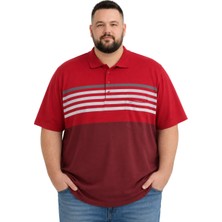 Battal Moda Battalmoda Erkek Büyük Beden Kırmızı Polo Yaka Kısa Kollu Şeritli Tişört 3xl-4xl-5xl-6xl