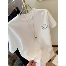 Dogutrend Baskılı Oversize Bisiklet Yaka T-Shirt - Beyaz
