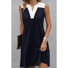 Dogutrend Kadın Askılı V Yakalı Çift Renkli Kısa Viskon Iki Iplik Elbise