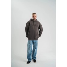 Dogutrend Erkek Nakış Işlemeli Kapşonlu Antrasit Sweatshirt Üç Iplik Double Oversize- Füme