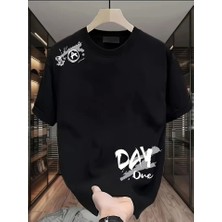 Dogutrend Baskılı Oversize Bisiklet Yaka T-Shirt - Siyah