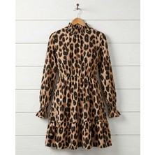 Dogutrend Kadın Uzun Kollu Yarı Balıkçı Yaka Leopar Desenli Modal Mini Elbise