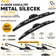 ALN Metal Silecek Seti - Ön Takım(2li) & U-Hook Kanca Tipi Tüm Araçlarla Uyumlu - 16 (400MM) & 22 (550MM)
