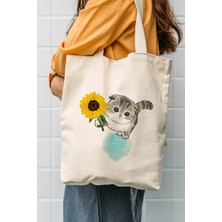 Çınar Bez Çanta Çınar Kanvas Ayçiçekli Kedi Bez Çanta 35x40x8 cm Bej Desenli Dayanıklı Kullanım C1614