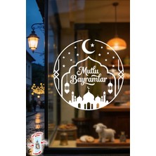 Msticker Mutlu Bayramlar Cami Temalı Cam Sticker Çift Taraflı Beyaz Baskı 55X55 cm Cam Sticker Özel Baskı