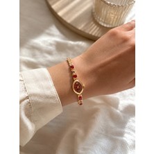 Boris Accessory Kadın Gold Oval Kol Saati Kırmızı Taşlı Zarif Bileklik Saat Modeli