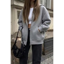 Köstebek Gri Melanj Kalın Kumaş Y2K Unisex Kapüşonlu Hırka