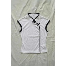 Köstebek Beyaz Mandarin Yaka Siyah Şeritli Qipao Y2K Kısa Kollu Crop