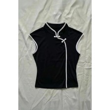 Köstebek Siyah Mandarin Yaka Beyaz Şeritli Qipao Y2K Kısa Kollu Crop
