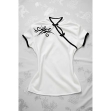 Köstebek Beyaz Çin Yakalı Floral Motifli Beyaz Şeritli Vintage Y2K Kısa Kollu Crop