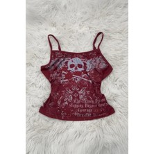 Köstebek Bordo Skull Ambition Gotik Rose Y2K Askılı Crop
