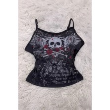 Köstebek Siyah Skull Ambition Gotik Rose Y2K Askılı Crop