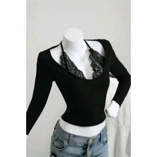Köstebek Siyah Bağlamalı Dantelli Ekli Gotik Y2K Uzun Kollu Crop