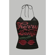 Köstebek Siyah Cherry Bomb Dantelli Ek Y2K Askılı Crop